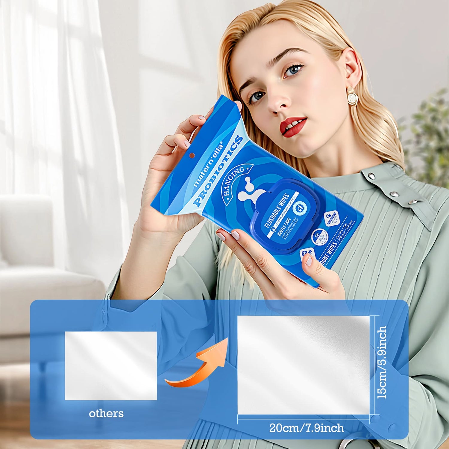 Matern’ella Premium Hanging Flushable Wipes – Extra Large,Unscented & Alcohol-Free Wet Wipes with Plant-Based Fibers (240 Count)