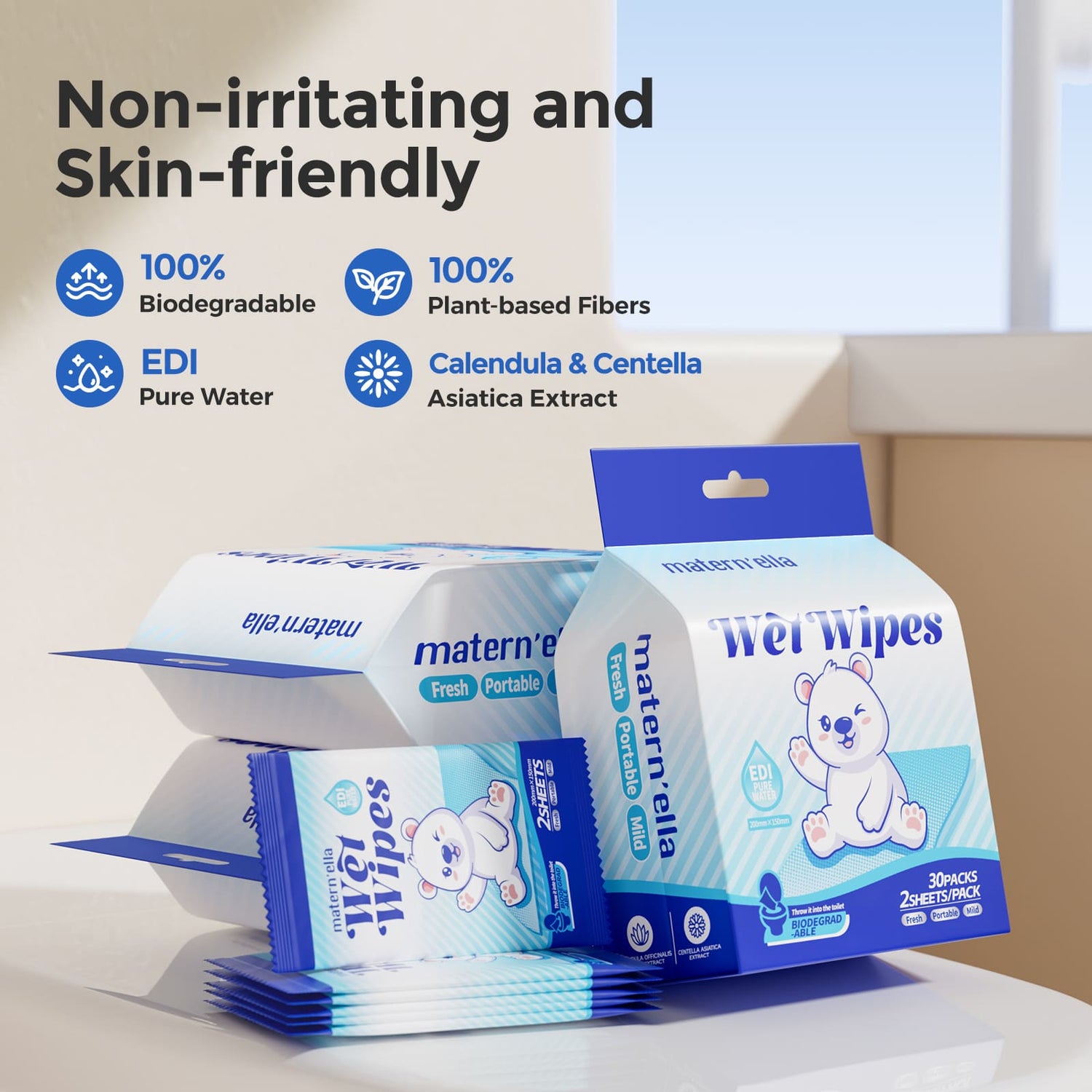 Matern'ella Pocket On-The-Go Calendula & Centella Asiatica Extract & Flushable Butt Wipes