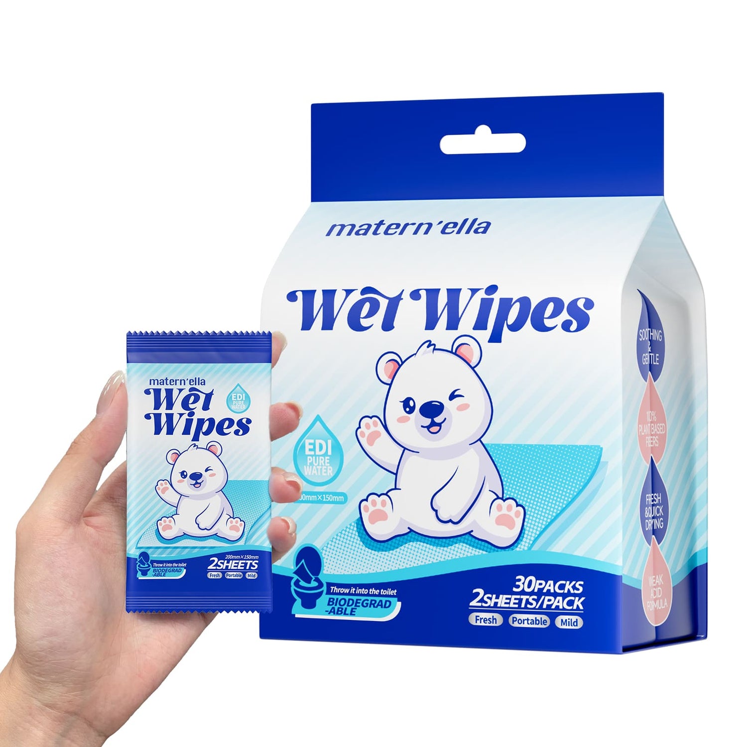 Matern'ella Pocket On-The-Go Calendula & Centella Asiatica Extract & Flushable Butt Wipes
